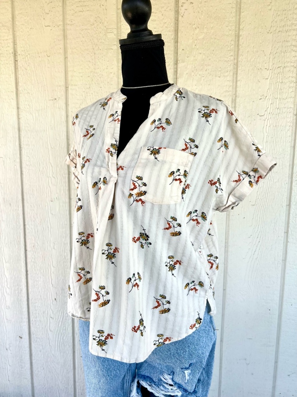 Madewell XS Floral Stripe Blouse Cream Lightweight Boho Top Pocket Casual